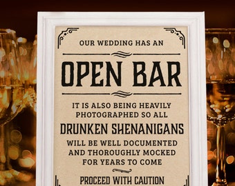 Wedding open bar sign. Rustic wedding decor. Wedding reception. Kraft paper printable wedding bar decorations. 16x20, 8x10, 5x7 prints