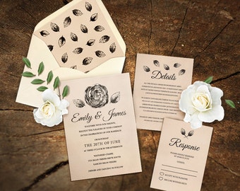 Rustic wedding invitation template. Editable wedding invitation, rsvp card and template for additional information. Rustic wedding supplies.