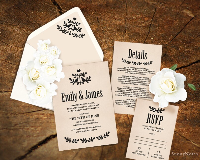 Editable rustic wedding invitation template. Printable wedding invitation, wedding rsvp card template. DIY wedding template, envelope liner
