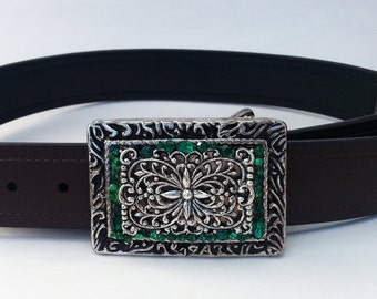 Floral Pearl Belt Buckle: Copper, Green Crystal, Rhinestone 