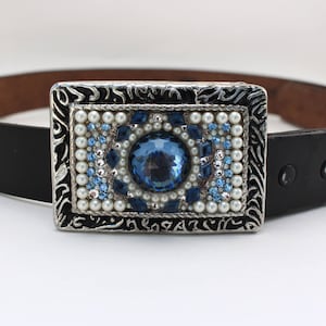 Blue crystal belt buckle beautiful Blue and white Blue bling belt buckle Crystal belt buckle Silver Pearl Gift for her Free shipping gift