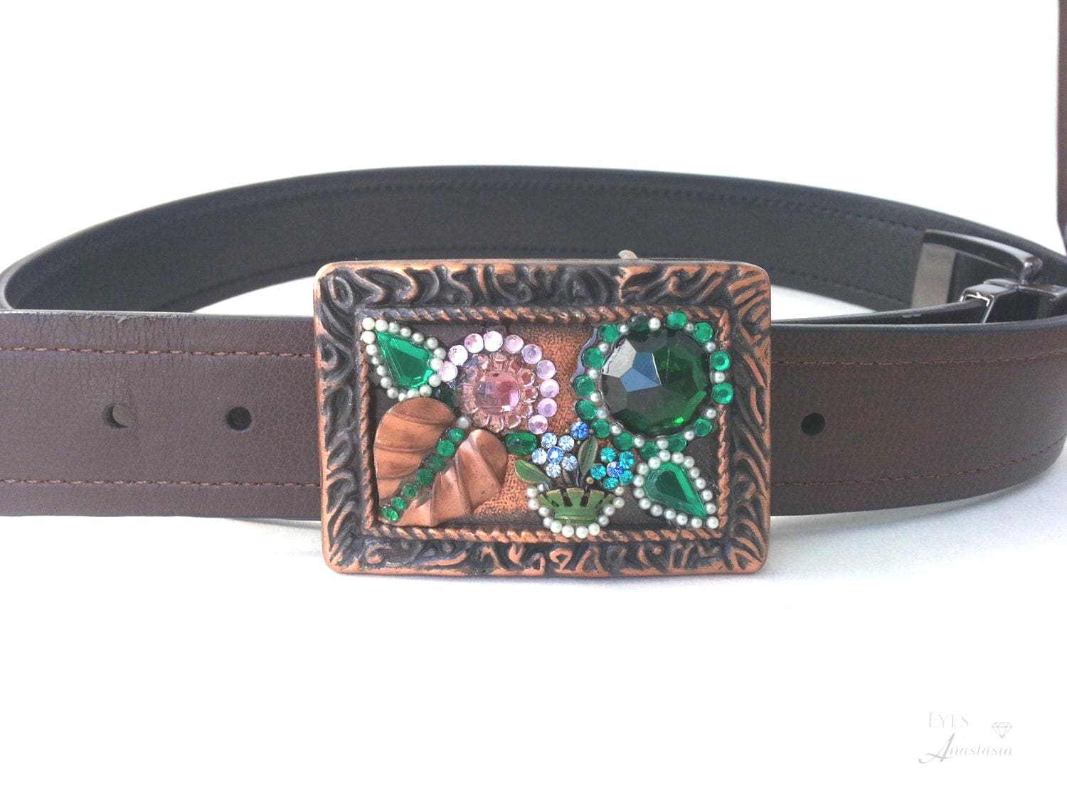 Floral Pearl Belt Buckle: Copper, Green Crystal, Rhinestone  display picture 3