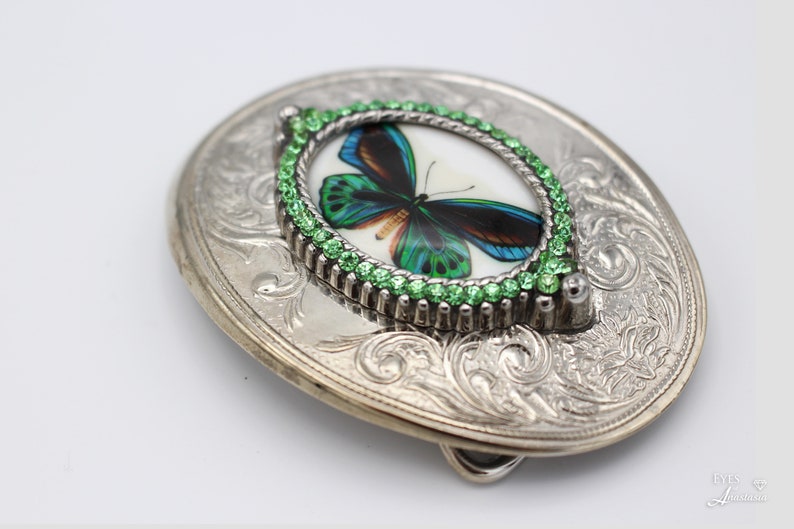 Butterfly belt buckle green rhinestone belt buckle with butterfly blue and green gift for her birthday large oval belt buckle