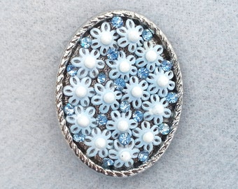 Blue flower belt buckle blue flowers gift for her small oval blue gift blue and white flowers rhinestone belt buckle petite bridal wear