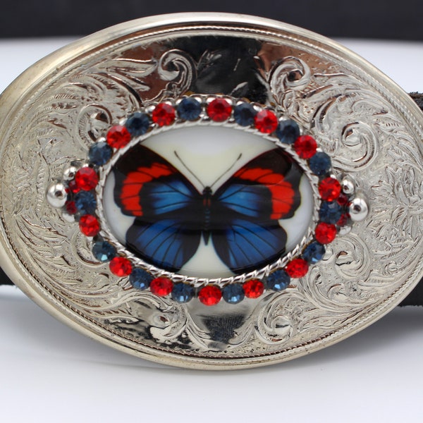 butterfly belt buckle red and blue jeweled butterfly vintage rhinestone bling butterfly flashy red butterfly sparkle blue butterfly gift