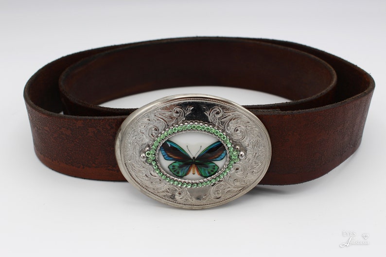 Butterfly belt buckle green rhinestone belt buckle with butterfly blue and green gift for her birthday large oval belt buckle