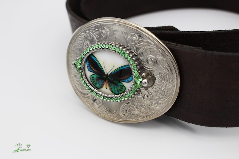 Butterfly belt buckle green rhinestone belt buckle with butterfly blue and green gift for her birthday large oval belt buckle