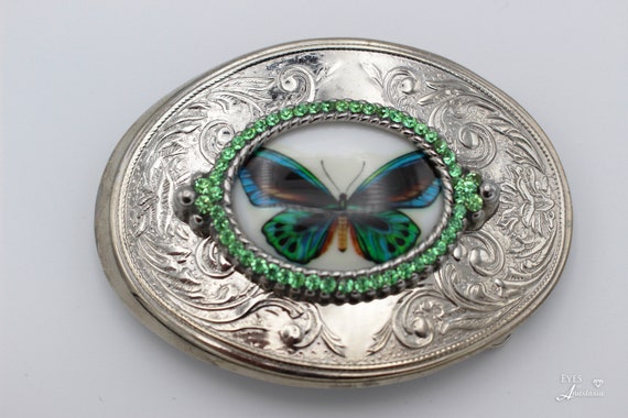 Vintage Butterfly Belt Buckle: Green Rhinestone Silver 