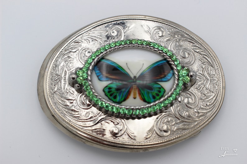 Butterfly belt buckle green rhinestone belt buckle with butterfly blue and green gift for her birthday large oval belt buckle