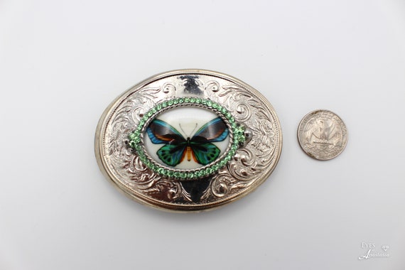 Vintage Silvertone Butterfly Belt Buckle Vintage Butterfly Belt Buckle: Green Rhinestone Silver  main image 3