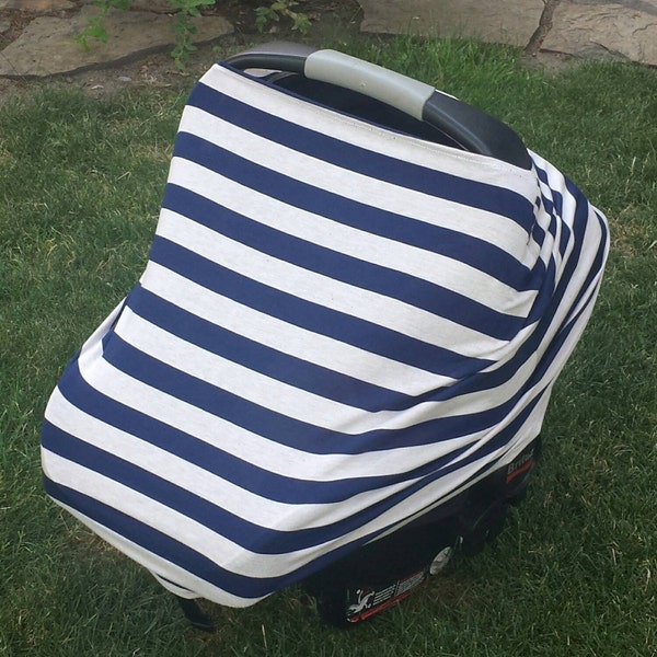 Stretchy Baby Car Seat Cover/Canopy - Navy Blue & Off-White Stripe - Multifunctional; use as Nursing, Highchair Shopping Cart Cover and More