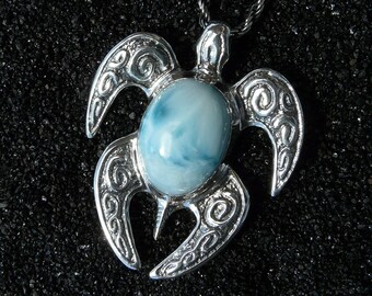 ETHEREAL Natural Larimar Gem & Sterling Silver Honu Pendant w/ Chain, Sculptural Jewelry Art, Sea life Handmade in Hawaii Gift Boxed