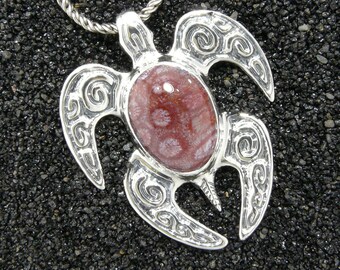 RICH, Rose-Toned Fossilized Coral & Sterling Silver Honu Pendant w/ Chain, Sculptural Jewelry Art, Sea life, Handmade in Hawaii, Gift Boxed