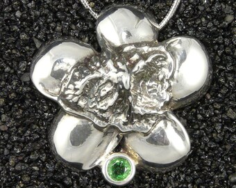 EXOTIC Emerald Green Tsavorite Garnet & Sterling Silver Pendant w/ Chain Sculptural Jewelry of Kauai, Plumeria Handmade in Hawaii Gift Boxed