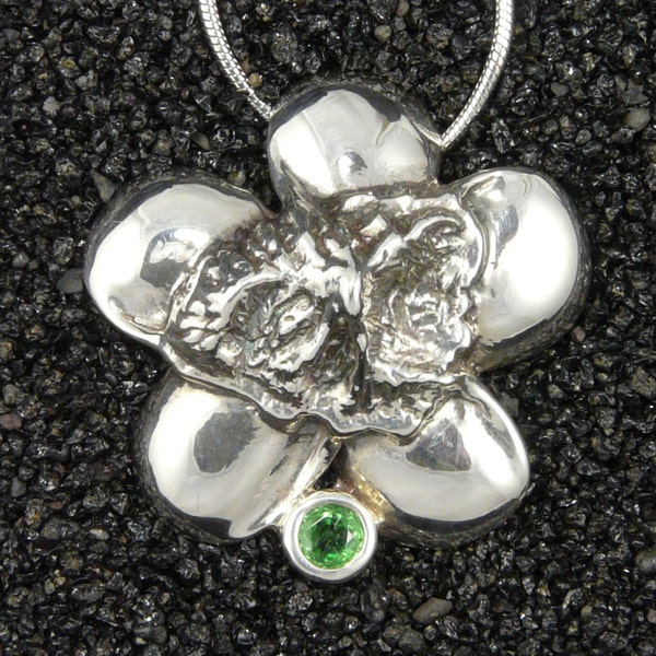 EXOTIC Emerald Green Tsavorite Garnet & Sterling Silver Pendant w/ Chain Sculptural Jewelry of Kauai, Plumeria Handmade in Hawaii Gift Boxed