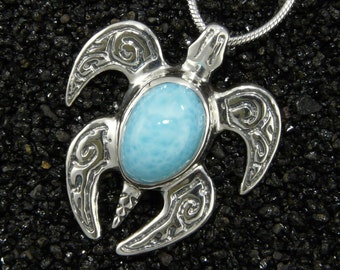 GORGEOUS Natural Blue Larimar Gemstone & Sterling Silver Honu Pendant w/ Chain, Sculptural Jewelry Art, Handmade in Hawaii, Gift Boxed
