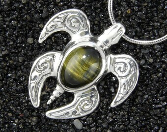 POWERFUL Chatoyant Blue Tigers Eye & Sterling Silver Honu Pendant w/ Chain, Sculptural Jewelry Art, Sea life, Handmade in Hawaii, Gift Boxed