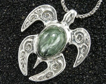 GORGEOUS Seraphinite Gem & Sterling Silver Honu Pendant w/ Chain, Sculptural Jewelry Art, Sea life Handmade in Hawaii Gift Boxed