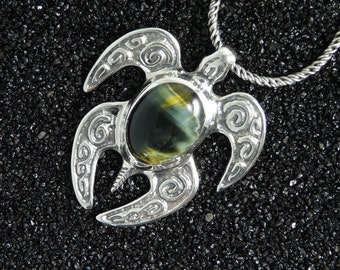 BOLD Chatoyant Blue-Black Tigers Eye & Sterling Silver Honu Pendant w/ Chain, Sculptural Jewelry Art, Sea life Handmade in Hawaii Gift Boxed