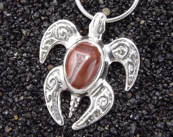 LOVELY Rose Colored Agate Gemstone & Sterling Silver Honu Pendant w/ Chain, Sculptural Jewelry Art, Handmade in Hawaii Gift Boxed