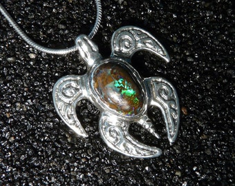 LIVELY Boulder Opal Gemstone w/Green Blue Flash & Sterling Silver Honu Pendant w/ Chain Sculptural Jewelry Art Handmade in Hawaii Gift Boxed