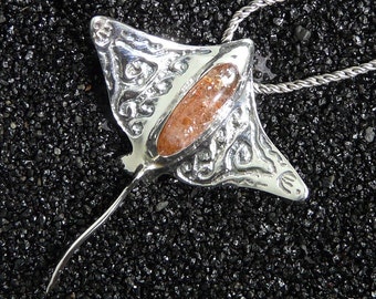 EXOTIC Coppery Sunstone Gemstone & Sterling Silver Pendant w/ Chain Sculptural Jewelry Art, Eagle Ray Sea life Handmade in Hawaii Gift Boxed
