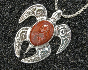 ROBUST Red Crazy Lace Agate Gem & Sterling Silver Honu Pendant w/ Chain, Sculptural Jewelry Art, Sea life Handmade in Hawaii Gift Boxed