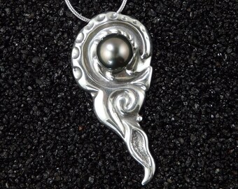 LUSCIOUS Tahitian Black Pearl & Sterling Silver Pendant w/Chain, "Kai Aloha" is Sculptural Flowing Jewelry Art Handmade in Hawaii Gift Boxed