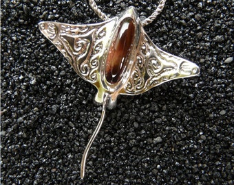 MYSTICAL Chatoyant Red Tigers Eye & Sterling Silver Pendant w/ Chain Sculptural Jewelry Art Eagle Ray Sea life Handmade in Hawaii Gift Boxed
