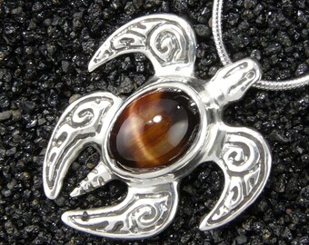 BOLD Chatoyant Dragon's Eye Gemstone & Sterling Silver Honu Pendant w/ Chain, Sculptural Jewelry Art, Handmade in Hawaii Gift Boxed