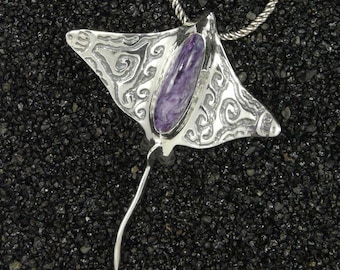 AMAZING Purple Charoite Gemstone & Sterling Silver Pendant w/ Chain Sculptural Jewelry Art, Eagle Ray Sea life Handmade in Hawaii Gift Boxed