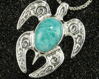 Gorgeous Blue-green Amazonite Gem & Sterling Silver Honu Pendant w/ Chain, Sculptural Jewelry Art, Sea life Handmade in Hawaii Gift Boxed