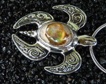 LIVELY and exotic Mexican Opal gemstone in Sterling Silver Honu Pendant w/ Chain, Sculptural Jewelry Art, Handmade in Hawaii, Gift Boxed
