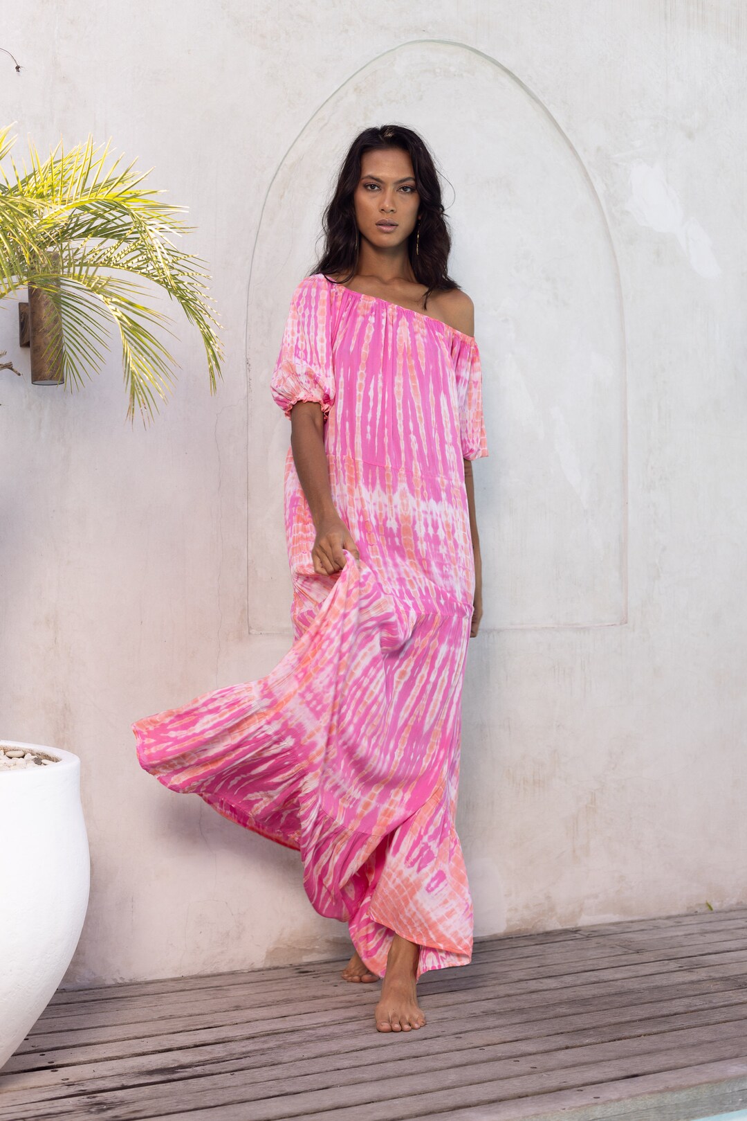 Tie Dye Off Shoulder Pleated Maxi Dress