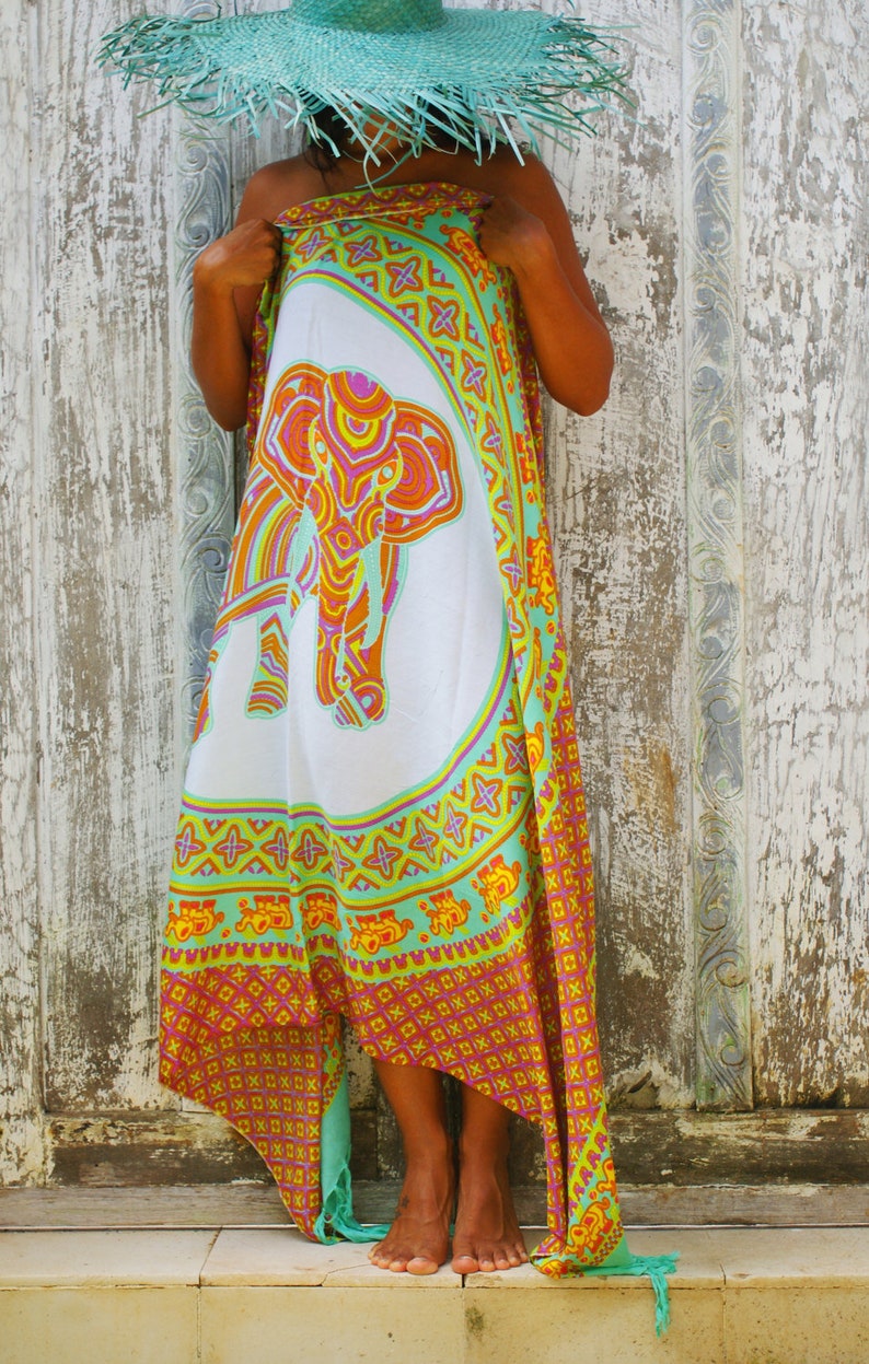 Genesis Imports Elephant Sarong Wrap From Bali - Lightweight Rayon Beach Cover Up, 65x47 Inch With Fringe - View #12