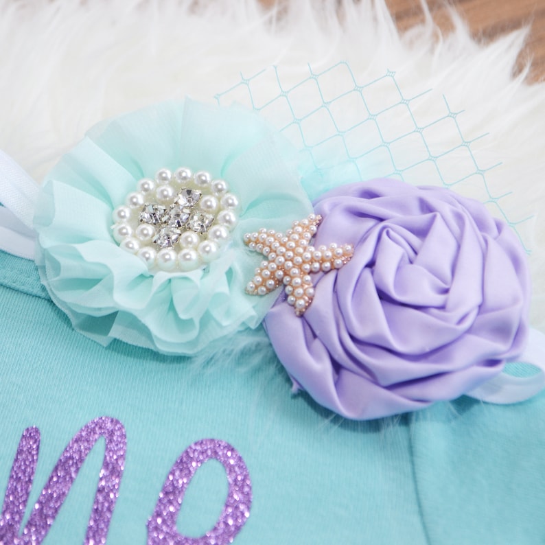 Little mermaid first birthday outfit Under the sea First birthday outfit aqua and lavender tutu aquatic party outfit.