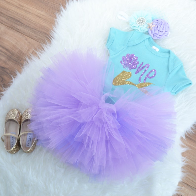 Little mermaid first birthday outfit Under the sea First birthday outfit aqua and lavender tutu aquatic party outfit.