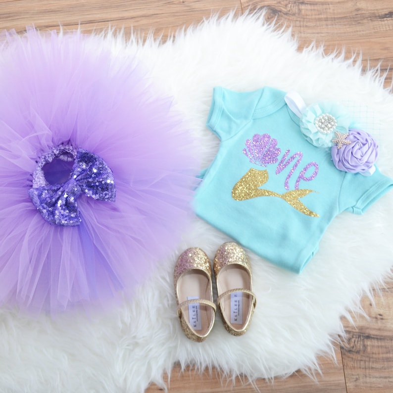 Little mermaid first birthday outfit Under the sea First birthday outfit aqua and lavender tutu aquatic party outfit.