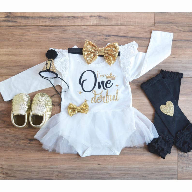 Black and Gold Jumpsuit First birthday glam baby girl White ivory dress for first birthday Black and Gold first birthday dress.