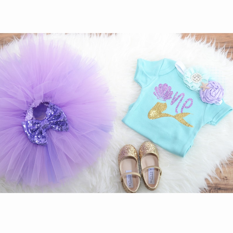 Little mermaid first birthday outfit Under the sea First birthday outfit aqua and lavender tutu aquatic party outfit.