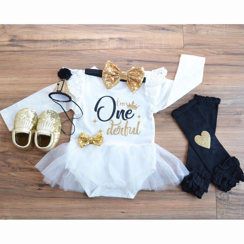 Black and Gold Jumpsuit First birthday glam baby girl White ivory dress for first birthday Black and Gold first birthday dress.