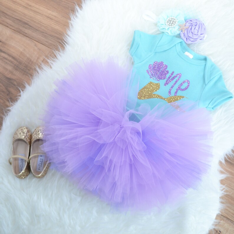 Little mermaid first birthday outfit Under the sea First birthday outfit aqua and lavender tutu aquatic party outfit.