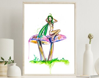 Fairy Mushroom Watercolor Art Print | Witchcore Wall Decor | Forestcore Fantasy Art | Dark Cottagecore | Toadstool Fairy Painting
