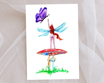 Fairy Mushroom Watercolor Art Print | Fairycore Painting | Whimsical Fantasy Wall Art | Fairy Sitting on Mushroom | Goblincore