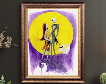 Jack and Sally Art watercolor art, print, wall art, home decor, wall decor, painting, poster, art print, halloween,