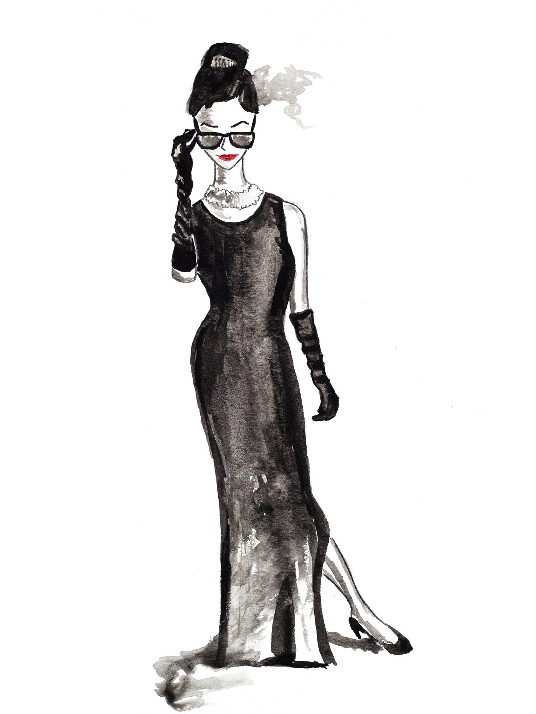 Retro Girl Black Dress 1 Watercolor Print Prints Digital Etsy UK