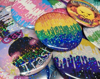 Holographic | LGBTQ | Drippy Pride Flag | Buttons | Large 2.25 inch