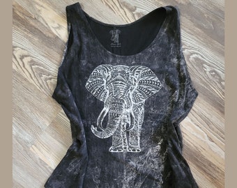 Boho Elephant Print Tee from Thailand, Elephant Lover Gift, Tie Dye Tank Top, Spirit Animal Shirt