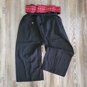 Red Trimmed Thai Fisherman Pants, Hippie Bohemian Lounge Wear, One Size Fits All, Yoga and Meditation Pants