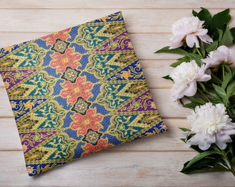 Thai Floral Print Square Pillow, Gold Blue and Orange Accent Pillow with a Thailand Sarong Design